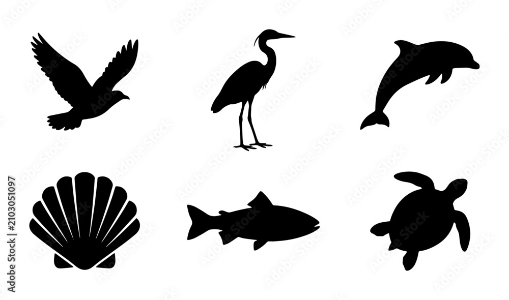 Fototapeta premium Black Silhouette Icons: Bird, Heron, Dolphin, Shell, Fish, Turtle Vector Set