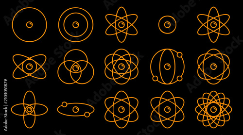 Tableau sur toile Set of glowing orange atom vector symbols isolated on a solid dark black backgro