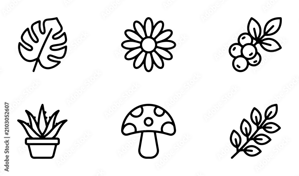 Fototapeta premium Minimalist Botanical Icons Set, Simple Outline Plant and Flower Graphics, Organic Nature Elements Collection, Vector Art for Design