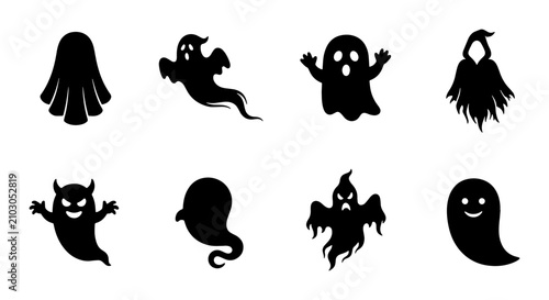 Εκτύπωση καμβά Spooky Halloween Ghost Icons Set, Cute and Scary Silhouettes for Holiday Design