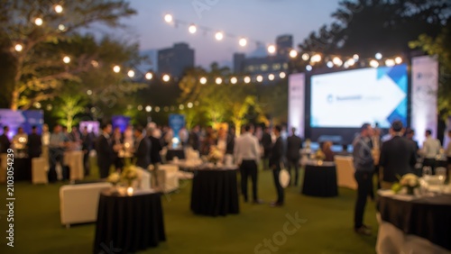 Blurred corporate event networking gala dinner party outdoor evening reception business convention conference background bokeh lights