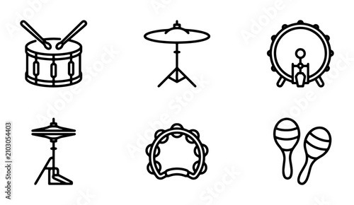 Drum Set Icons, Percussion Instruments Vector Graphics, Music Equipment Line Art Collection for Audio and Performance Concepts