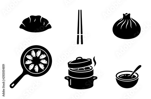 Asian Dumpling Set, Vector Icons: Steamed Bao, Pan-Fried Gyoza, Chopsticks, Steamer Basket, Dipping Sauce, Culinary Food Graphics