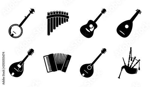 Vector Icons of Folk Musical Instruments, String and Wind Instruments Collection, Traditional Music Symbols Set, Black Silhouettes on White Background