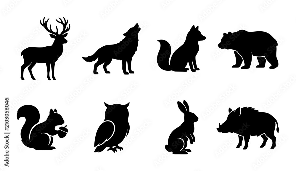 Fototapeta premium Forest Wildlife Silhouettes Collection: Deer, Wolf, Fox, Bear, Squirrel, Owl, Rabbit, Boar Vector Icons for Nature Designs