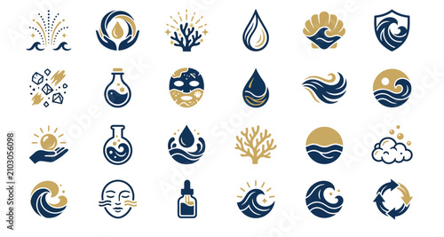 Icons of ocean, water, and nature elements in blue and gold featuring design, illustration, vector with symbol and wave