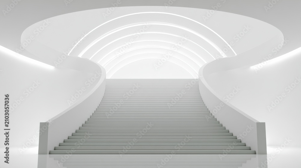 Obraz premium Stairs lead to an upper level in a modern building with bright lighting and curved walls