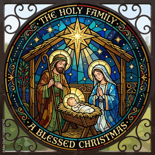 Photography A colorful stained glass window depicting a traditional nativity scene