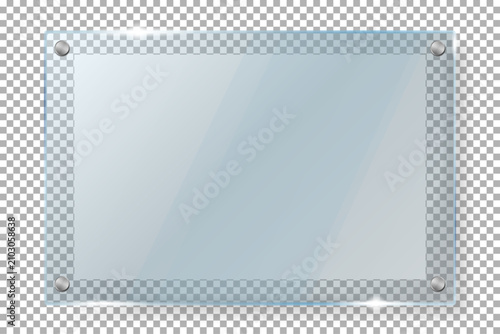 Realistic horizontal glass plate mockup with glossy reflections, highlights, and chrome metal screws isolated on transparent background. Clean template for office signage, corporate banners, nameplate