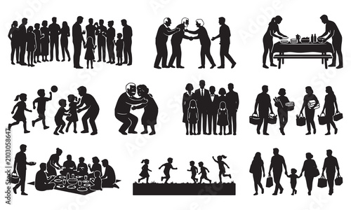 Collection of black silhouettes depicting families and groups of people engaging in various outdoor activities, social gatherings, picnics, and walking together in a park setting