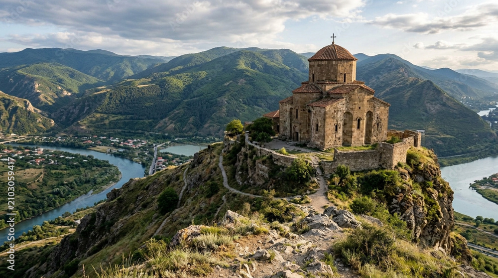 Fototapeta premium Ancient Monastery On Hilltop Overlooking River Valley
