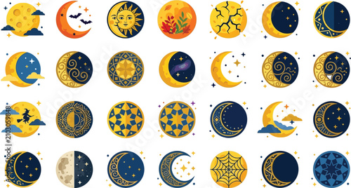 Illustration of Colorful collection of moon phases with celestial and fantasy elements in flat design style.