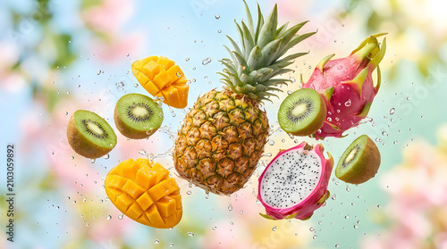Fresh tropical fruits falling with water splashes on a colorful background
