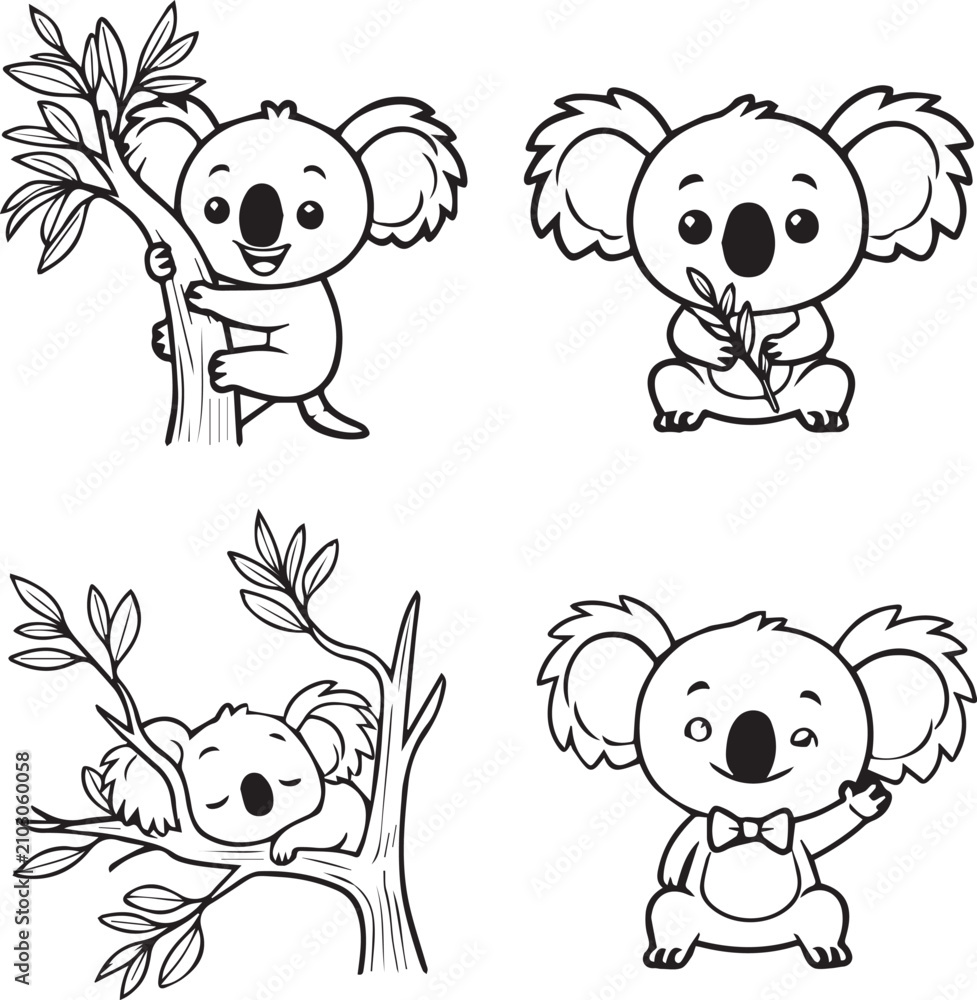 Naklejka premium Four cartoon koalas holding eucalyptus leaves with eucalyptus australia wildlife marsupial