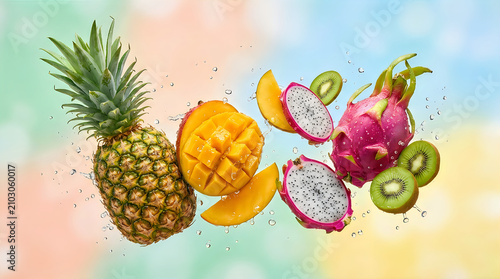 Fresh pineapple mango dragon fruit and kiwi falling on colorful background
