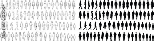 Architectural vector people scale figures in outline and black silhouette for section elevation drawings