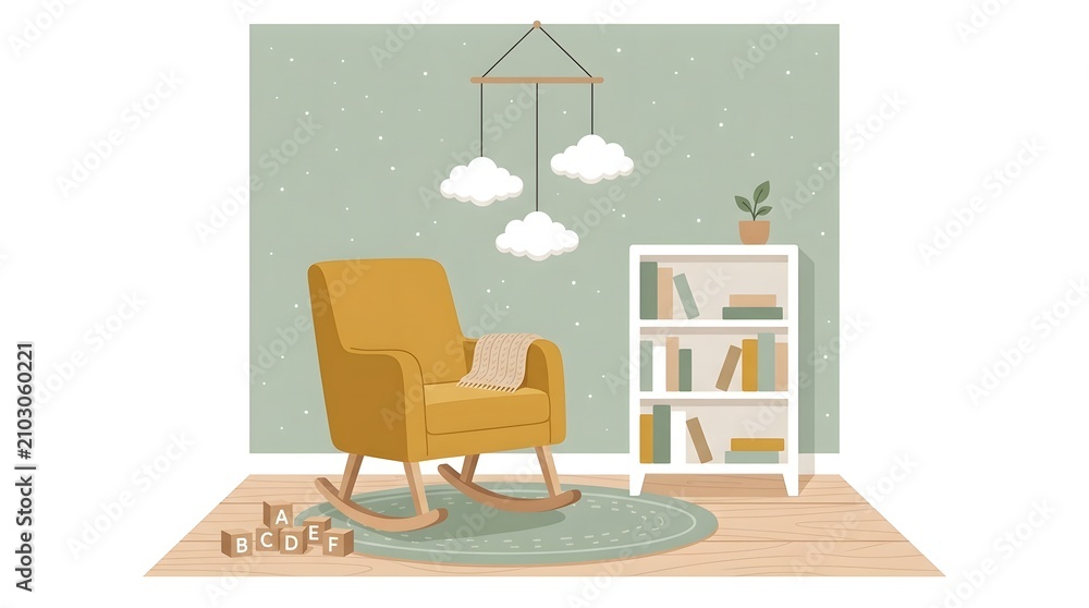 Fototapeta premium Cozy modern living room with yellow armchair and bookshelf.