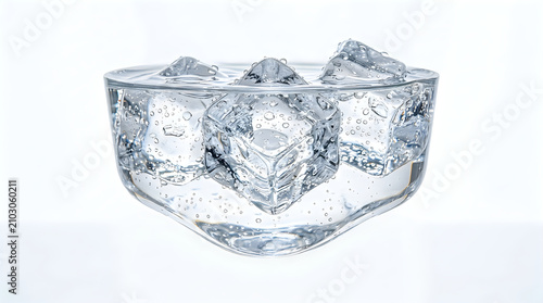 Clear glass bowl filled with cold fresh water and floating ice cubes