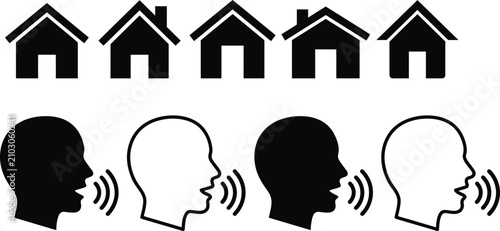 Foto Speech bubbles with houses vector icons depicting communication and community du
