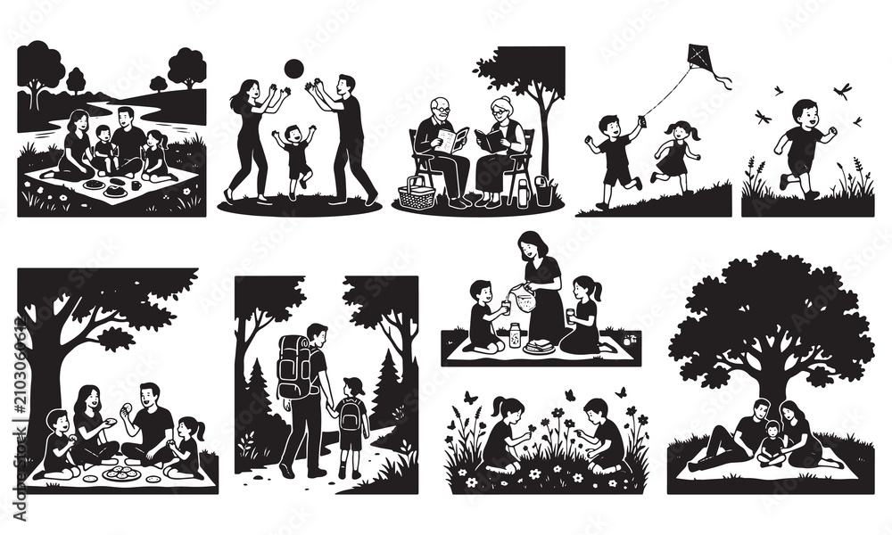 Fototapeta premium Collection of black silhouettes depicting families enjoying outdoor activities, picnics, playing with kites, walking in nature, and spending time together in a park setting