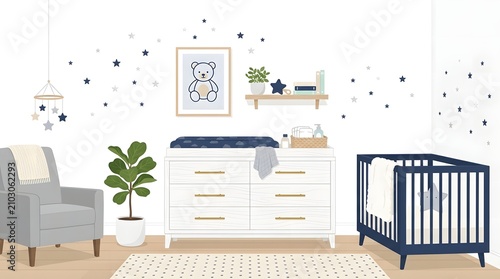 Modern baby boy nursery room with blue crib, changing table, and star wall decor.