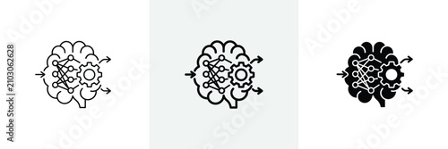Machine learning brain icon set with neural networks and gears for automated cognitive processing and data input.