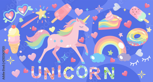 Cute Unicorn Clipart Set with Rainbow, Ice Cream and Sweet Treats