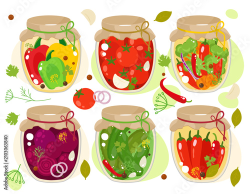 Fermented Vegetables Collection – Homemade Pickled and Fermented Vegetables in Glass Jars Flat Vector Set