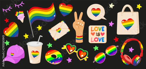 LGBTQ Pride Rainbow Clipart Set with Flag, Hearts and Cute Accessories. LGBT Sticker Set on a black background