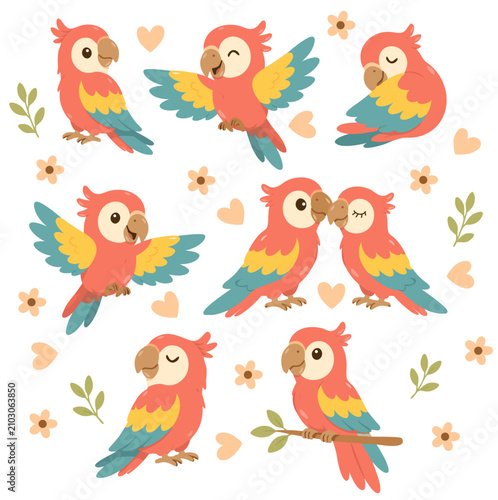 Cute Cartoon Parrot Collection – Colorful Tropical Bird Set in Flat Style