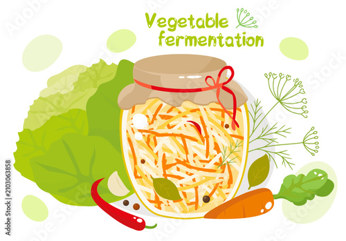 Fermented Vegetables – Sauerkraut in Glass Jar with Fresh Ingredients Flat Vector Illustration