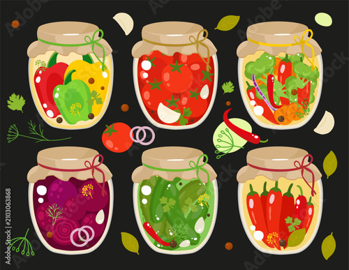 Adobe Fermented Vegetables Collection in Glass Jars on Dark Background – Flat Vector SetIllustrator Artwork