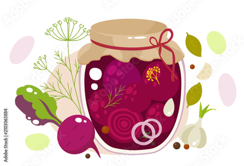 Fermented Beets in Glass Jar – Homemade Beet Fermentation Flat Vector Illustration