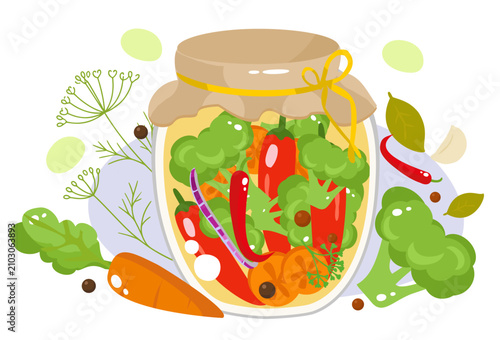 Fermented Mixed Vegetables in Glass Jar – Homemade Vegetable Fermentation Flat Vector Illustration