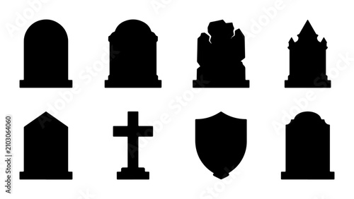 Fotografía Grave Markers Vector Icons Set: Tombstones, Cross, Mausoleum, Memorial Shapes