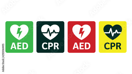 Konstfotografi AED Emergency Defibrillator Icon Set Featuring Automated External Defibrillator, Cardiac Rescue, CPR, Heart Emergency And Medical Vector Symbols