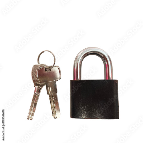 Metal padlock with two keys isolated on transparent background. Security and protection concept for home, office, storage, safety, privacy, access control and locksmith services.
