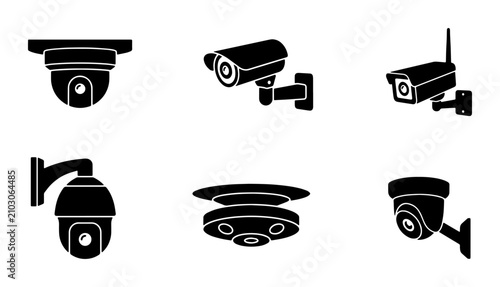Photos Security Camera Icons, Surveillance System Vector Graphics, CCTV Equipment Set,