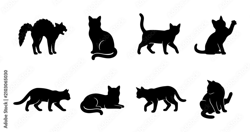 Fototapeta premium Black Cat Silhouettes Vector Set: Feline Poses, Domestic Animals, Pet Graphics, Halloween Icons