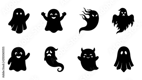 Bild auf Leinwand Cute Halloween Ghost Icons Set, Spooky Character Vector Graphics, Black Silhouet