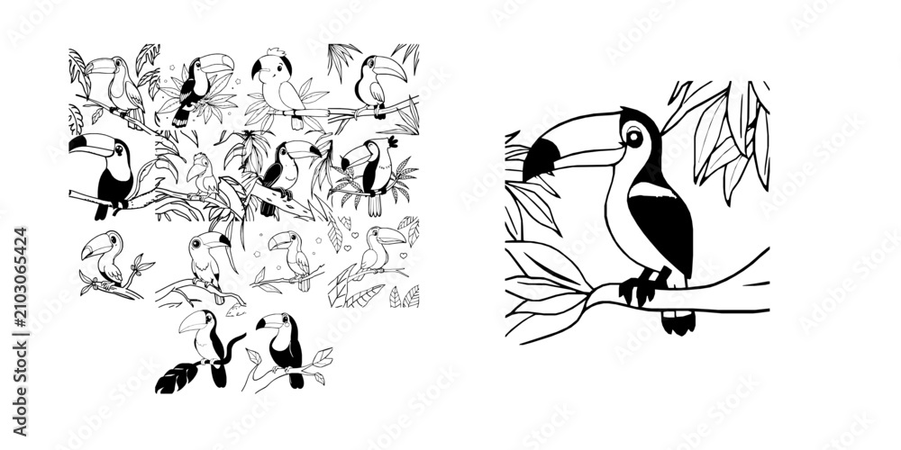 Obraz premium Cheerful Cartoon Toucan Sitting On A Tropical Branch Simple Coloring Book Line Art Thick Bold Outl Coloring Page
