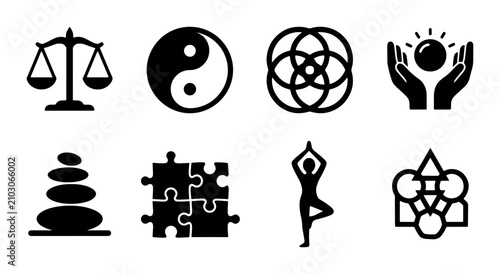 Tableau sur toile Zen Balance Icons: Yin Yang, Scales, Yoga Pose, Sacred Geometry, Stones, Puzzles