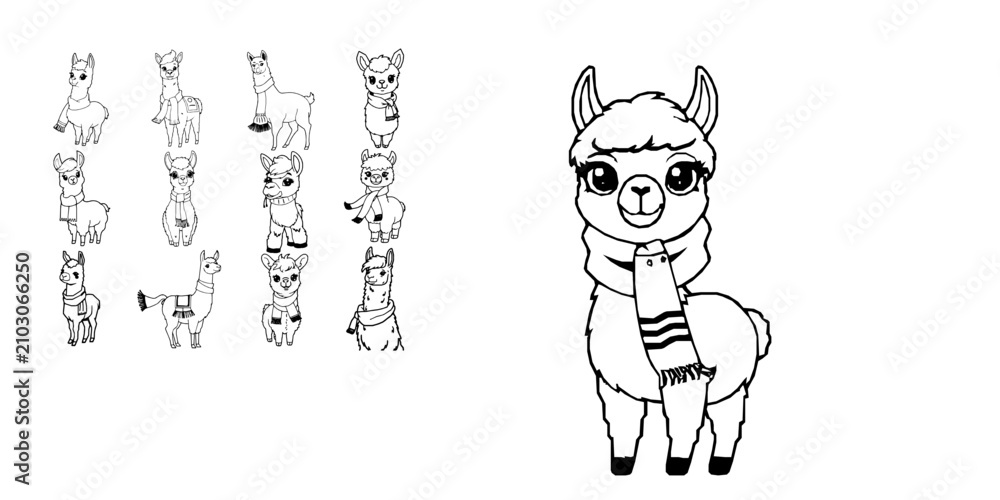Fototapeta premium Cute Llama Wearing A Simple Scarf Simple Black Outline Coloring Page Thick Clean Lines Bold Outlin Coloring Page