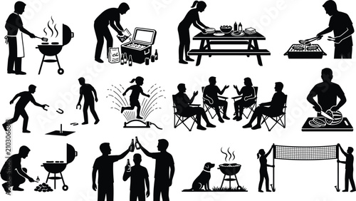 Collection of black silhouette showing people enjoying outdoor activities, barbecue, grilling, gardening, sports, and social gatherings outside