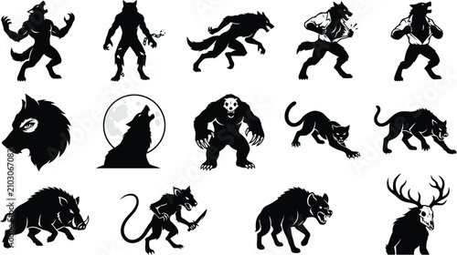 Tableau sur toile Collection of werewolf and lycanthrope silhouettes featuring transformations, ho