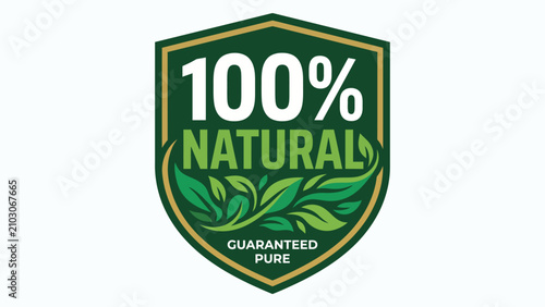 A green shield emblem displaying 100 natural with leaf accents