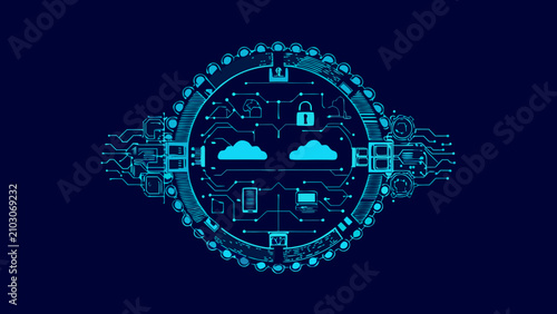 Konstfotografi Circular technology design featuring cloud symbols a padlock and server racks in