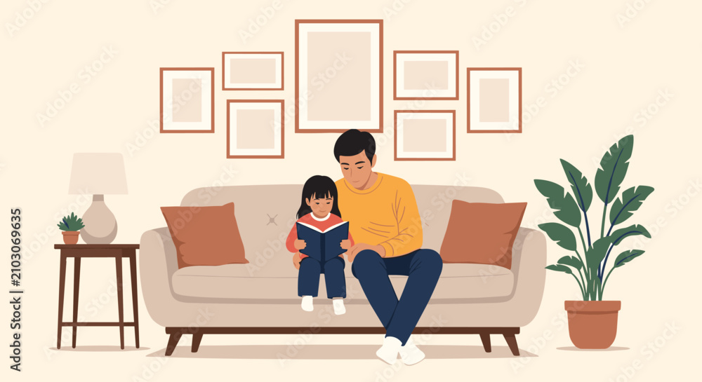Fototapeta premium Loving father sitting on a sofa and reading a book with his young daughter in a cozy, modern living room with photos on the wall.
