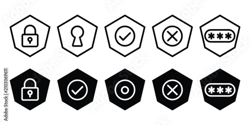 Security protection and authentication icons in line and solid style for cybersecurity, user verification, privacy, and secure access