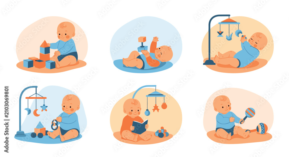 Fototapeta premium Charming collection of adorable babies in various play activities like building blocks, reading, and reaching for mobile toys on a soft background.